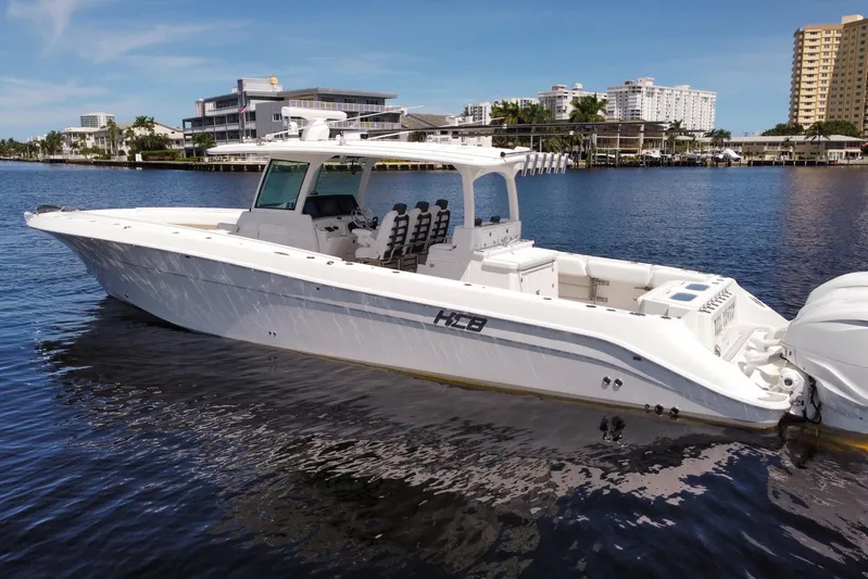  Yacht Photos Pics 2020 HCB 42 Siesta boat on calm water, modern design, sunny day.