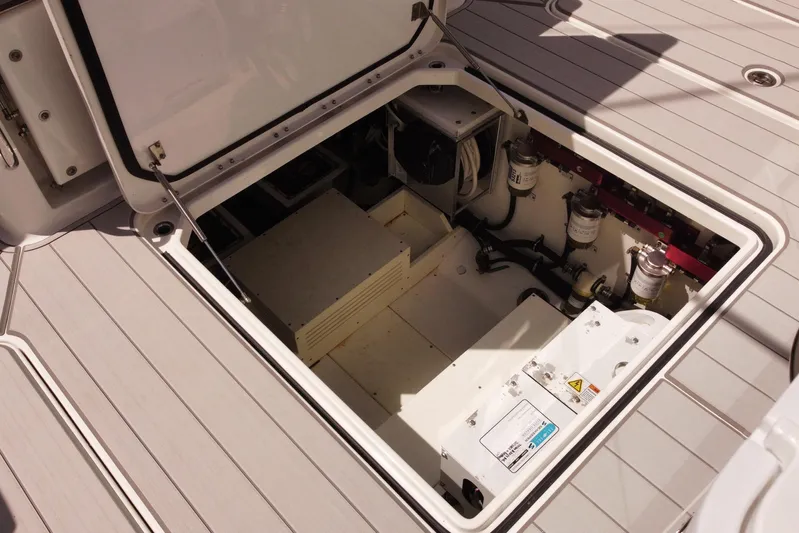  Yacht Photos Pics 2020 HCB 42 Siesta engine compartment with open hatch, showcasing internal components.