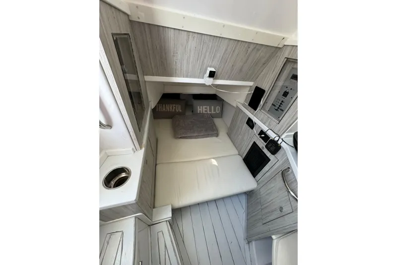  Yacht Photos Pics 2020 HCB 42 Siesta cabin interior with modern design and cozy bedding.