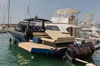 Luxury Seanfinity T4 2021 boat docked, featuring sleek design and powerful engines.