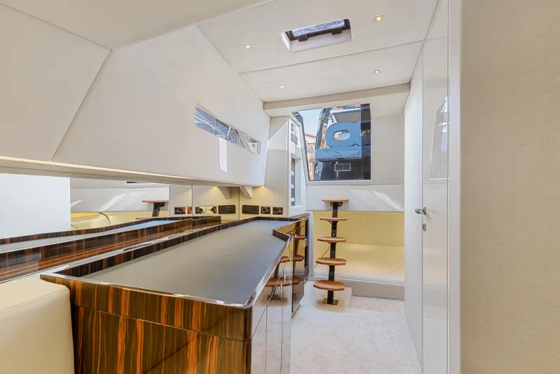  Yacht Photos Pics Luxurious interior of 2021 Seanfinity T4 yacht with modern design and elegant wood finishes.