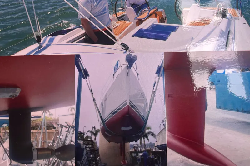 Obatanga Yacht Photos Pics 2014 Hanse 345 sailboat collage showing deck, hull, and keel details.