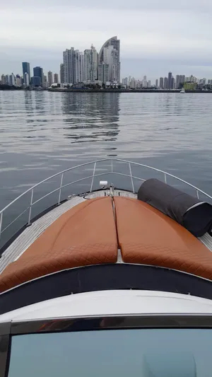 Yacht Photos Pics 2005 Sea Ray Sedan Bridge 520 yacht cruising with city skyline in background.