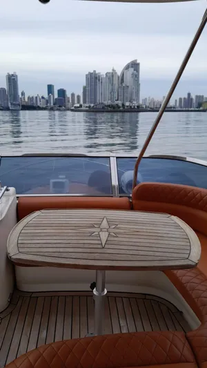  Yacht Photos Pics Luxury Sea Ray Sedan Bridge 520 yacht interior with city skyline view, 2005 model.