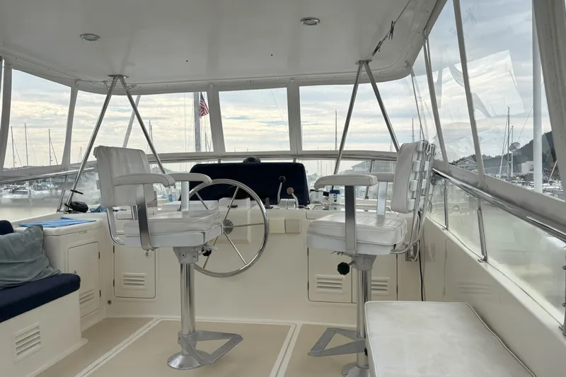 Slainte Yacht Photos Pics Interior of 2006 Selene 40 Archer yacht with helm and seating area.