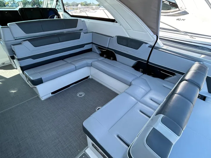  Yacht Photos Pics 2020 Formula 380 Super Sport Crossover interior with sleek, modern seating arrangement.