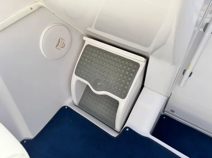  Yacht Photos Pics 2004 Donzi 38 ZX boat interior step with non-slip surface and blue carpet.