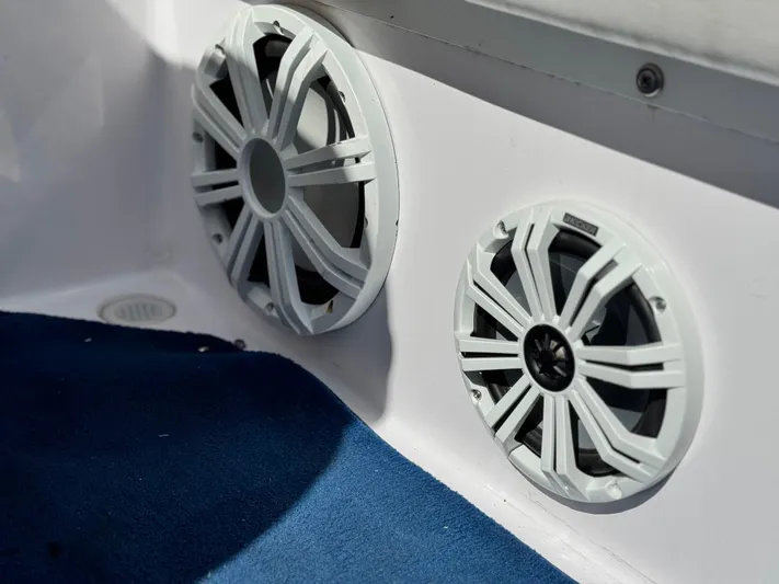  Yacht Photos Pics Speakers on a 2004 Donzi 38 ZX boat with blue carpet interior.