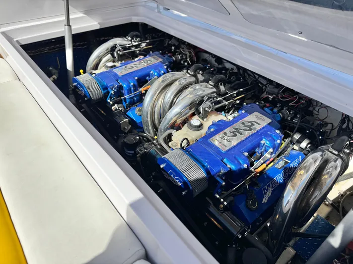  Yacht Photos Pics 2004 Donzi 38 ZX boat engine compartment with twin Mercury engines.