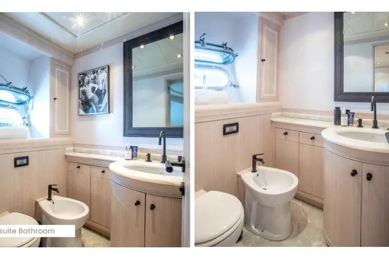  Yacht Photos Pics Luxurious 2004 Mangusta 130 yacht bathroom with elegant fixtures and modern design.