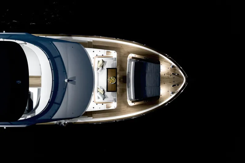  Yacht Photos Pics Top view of 2022 Sirena 68 yacht with elegant deck lighting.