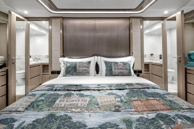  Yacht Photos Pics Luxurious Sirena 68 yacht bedroom interior, 2022 model, featuring elegant bedding and modern design.