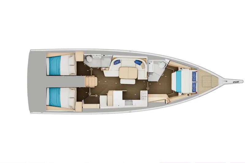  Yacht Photos Pics 2026 Jeanneau Sun Odyssey 455 interior layout with cabins, kitchen, and seating area.