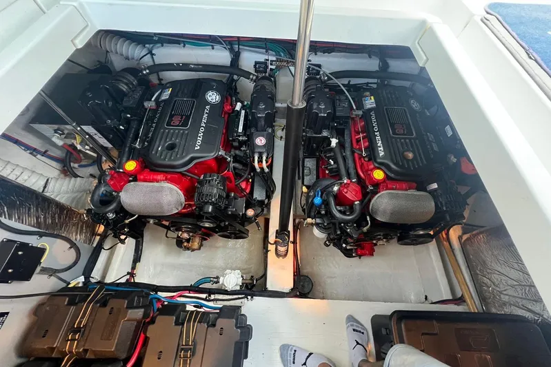  Yacht Photos Pics Engine compartment of 2008 Cruisers Yachts 330 Express with dual Volvo Penta engines.