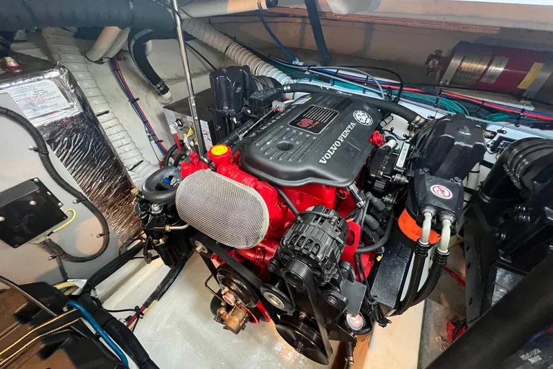  Yacht Photos Pics Engine compartment of 2008 Cruisers Yachts 330 Express with Volvo Penta engine.