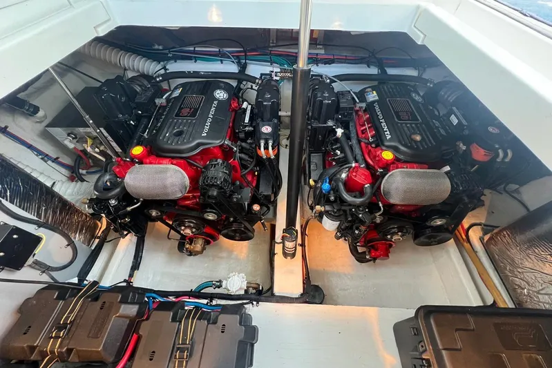  Yacht Photos Pics Engine compartment of 2008 Cruisers Yachts 330 Express with twin Volvo Penta engines.