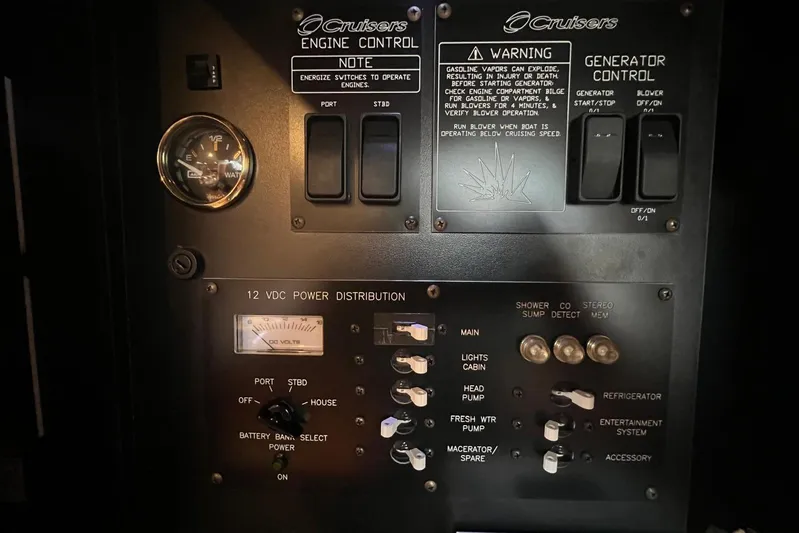  Yacht Photos Pics Control panel of a 2008 Cruisers Yachts 330 Express, featuring engine and generator controls.
