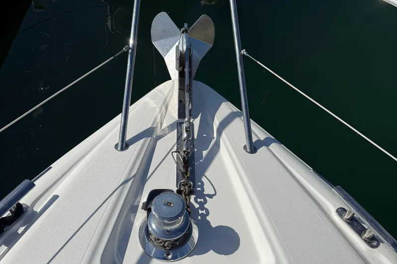  Yacht Photos Pics Bow of 1998 Sunseeker Predator 63 yacht with anchor and winch system.