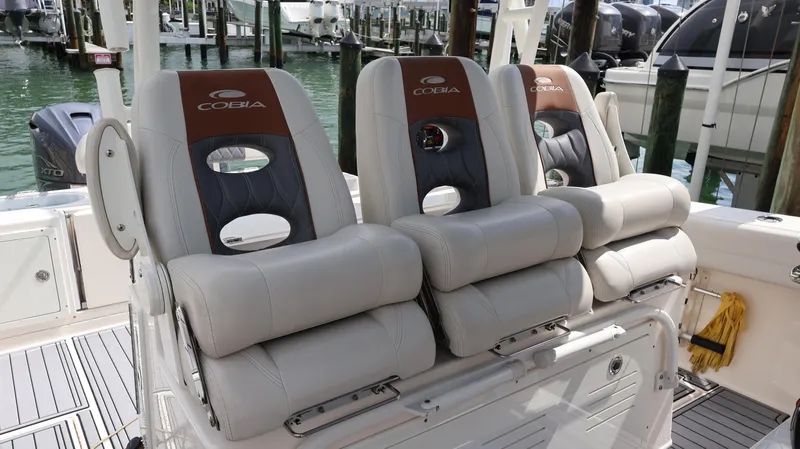 Big Sea Yacht Photos Pics 2020 Cobia 350 Center Console boat seats, docked in marina.
