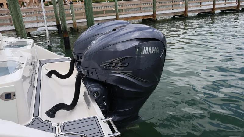 Big Sea Yacht Photos Pics 2020 Cobia 350 Center Console with Yamaha XTO Offshore engines at dock.