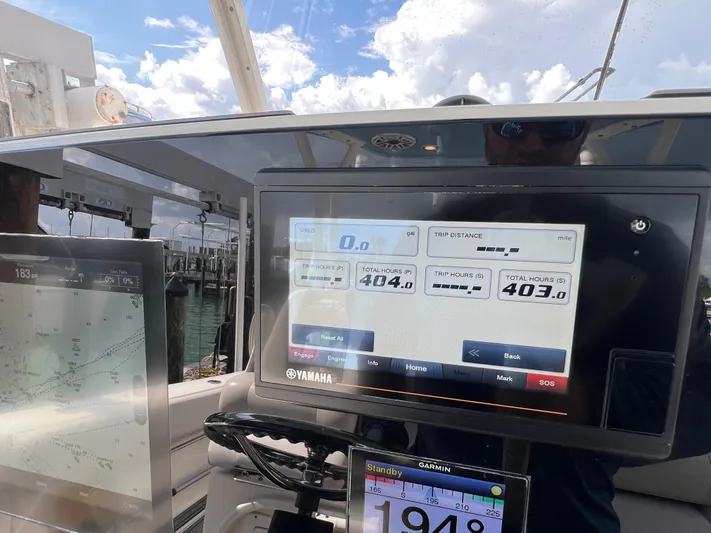 Big Sea Yacht Photos Pics Dashboard of a 2020 Cobia 350 Center Console boat with Yamaha and Garmin displays.