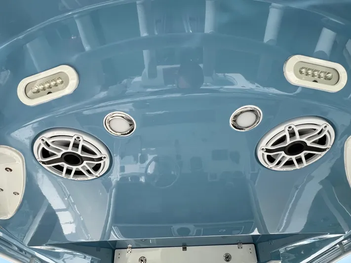 Big Sea Yacht Photos Pics 2020 Cobia 350 Center Console boat speakers and lights on blue interior ceiling.