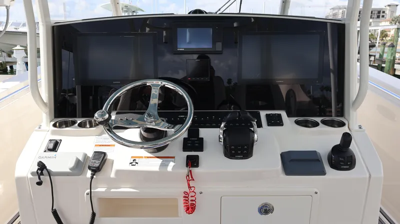 Big Sea Yacht Photos Pics 2020 Cobia 350 Center Console helm with Garmin electronics and modern controls.