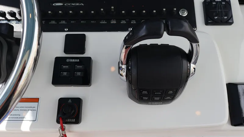 Big Sea Yacht Photos Pics Cobia 350 Center Console 2020 dashboard with Yamaha controls and steering wheel.