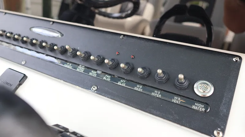 Big Sea Yacht Photos Pics Control panel of 2020 Cobia 350 Center Console boat with labeled switches.