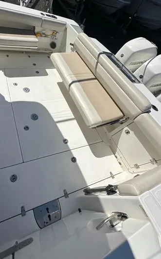  Yacht Photos Pics 2017 Boston Whaler 380 Outrage boat interior with seating and deck details.