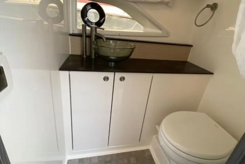 Hanamahina Yacht Photos Pics 2019 Sea Ray Sundancer 320 bathroom with modern sink and toilet.