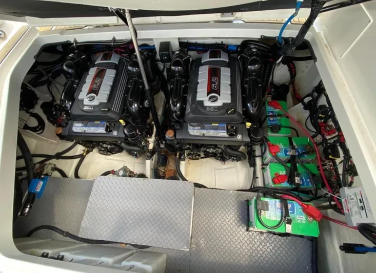 Hanamahina Yacht Photos Pics Engine compartment of 2019 Sea Ray Sundancer 320 with dual engines and batteries.