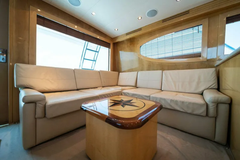 Big Boyd Yacht Photos Pics Luxurious interior of 2003 Hatteras 54 Convertible yacht with beige leather seating.