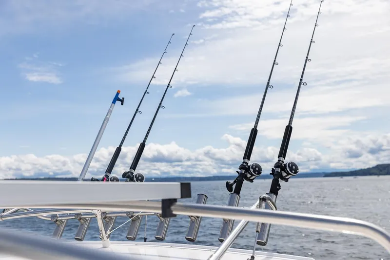  Yacht Photos Pics Fishing rods on Solara S-310 CW boat, 2025 model, against a scenic ocean backdrop.