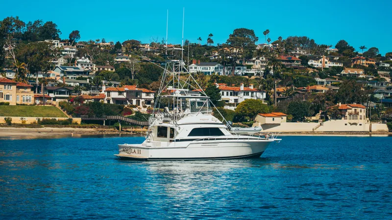 Aquila II Yacht Photos Pics 1990 Bertram 50 Convertible yacht on calm water with scenic coastal backdrop.