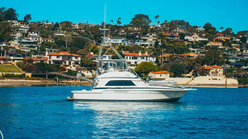 Aquila II Yacht Photos Pics 1990 Bertram 50 Convertible yacht on calm water with scenic coastal backdrop.
