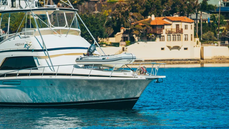 Aquila II Yacht Photos Pics 1990 Bertram 50 Convertible yacht on calm water near coastal homes.