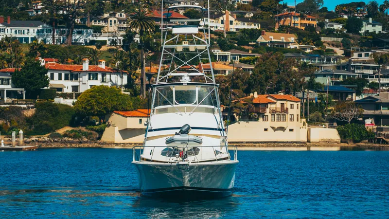 Aquila II Yacht Photos Pics 1990 Bertram 50 Convertible yacht on water with scenic coastal backdrop.