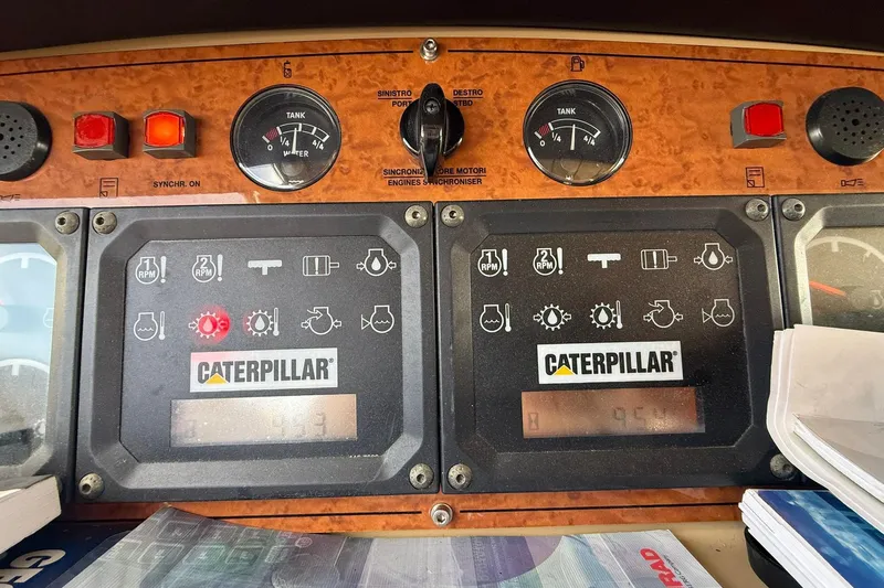  Yacht Photos Pics Control panel of a 2003 Ferretti Yachts 530 with Caterpillar engine displays.