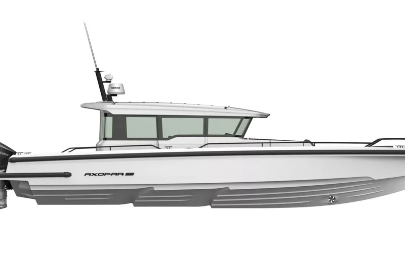  Yacht Photos Pics 2022 Axopar 37 Cross Cabin boat, sleek design, side view, white exterior.