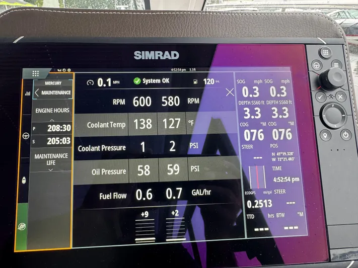 Three Beaches Yacht Photos Pics Simrad display on 2020 Four Winns Vista 355 Coupe OB showing engine and navigation data.