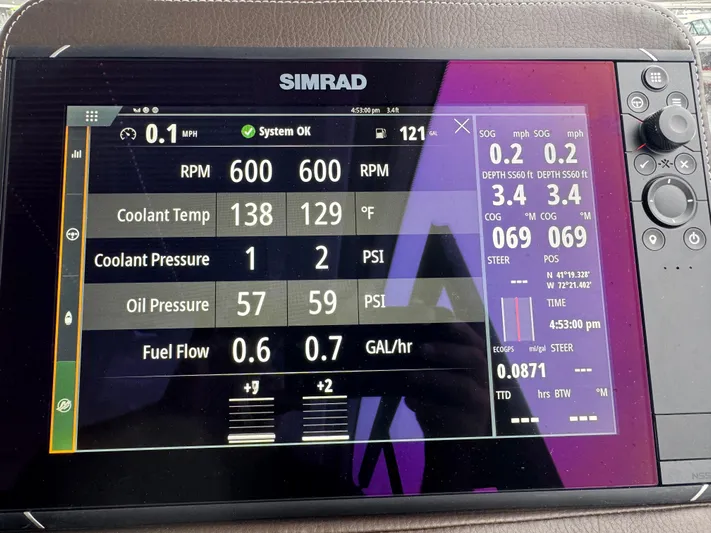 Three Beaches Yacht Photos Pics Simrad display showing engine metrics for 2020 Four Winns Vista 355 Coupe OB.