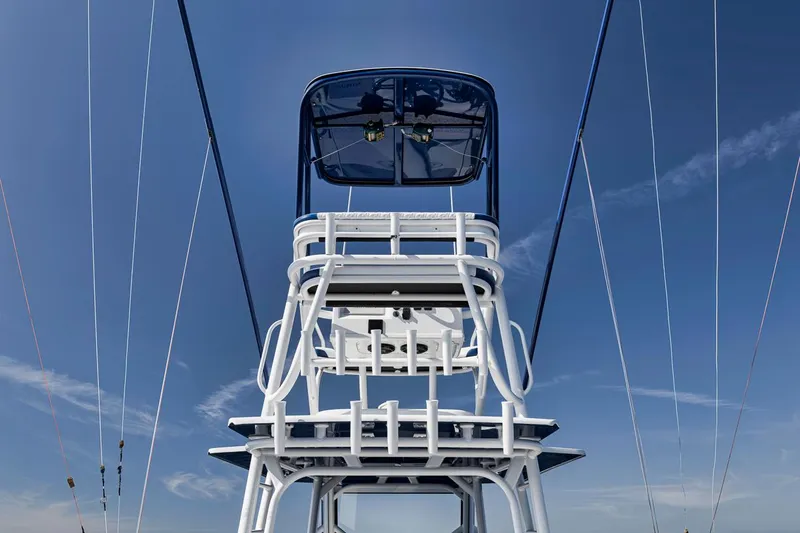  Yacht Photos Pics Yellowfin 42 Offshore 2020 boat tower against clear blue sky.