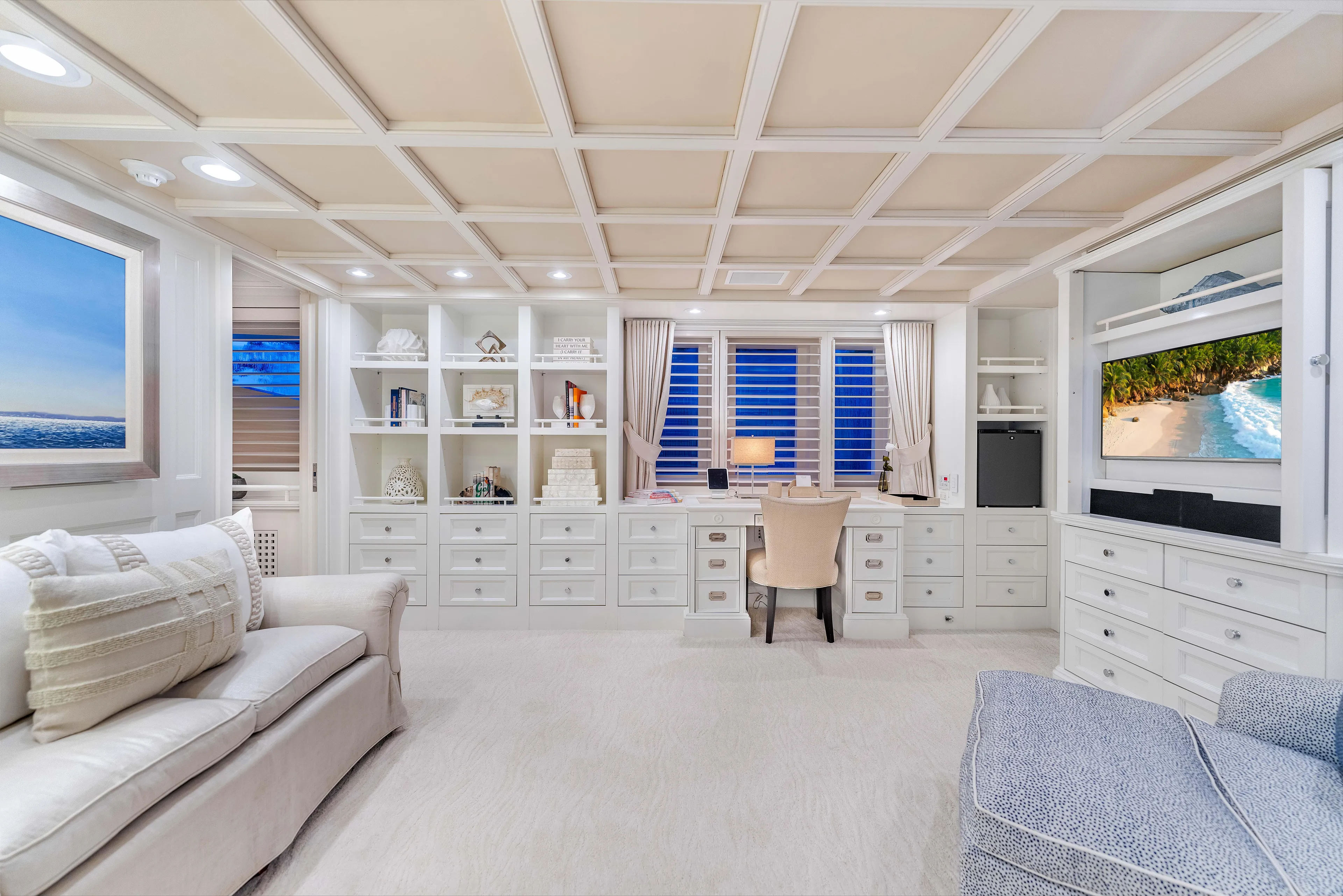 Star Diamond Yacht Photos Pics Luxurious Admiral Pilothouse 1998 interior with elegant white decor and built-in shelving.