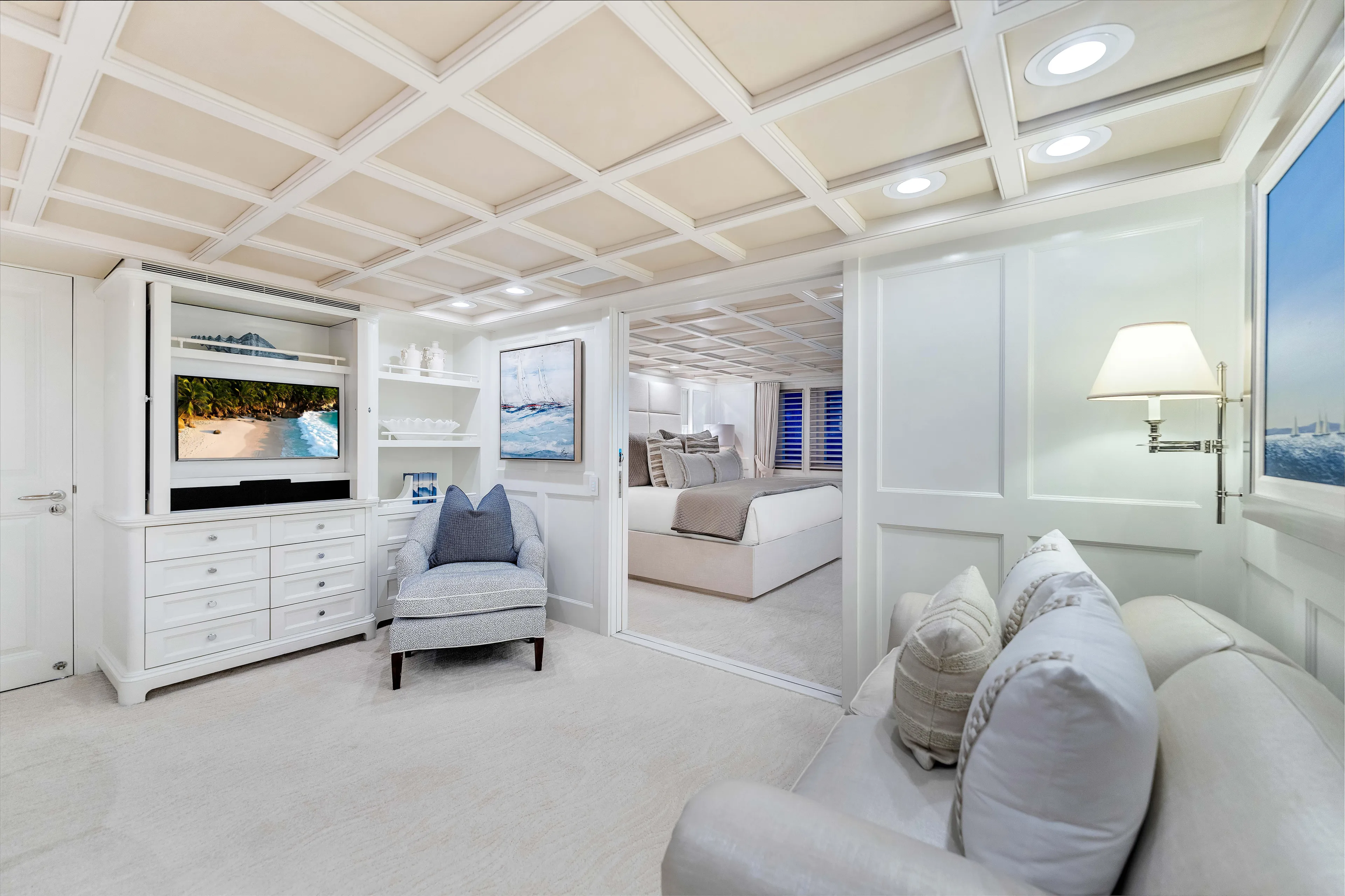 Star Diamond Yacht Photos Pics Luxurious 1998 Admiral Pilothouse yacht interior with elegant white decor and cozy seating area.