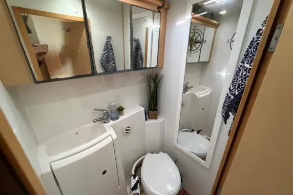 Apres Sea Yacht Photos Pics Compact bathroom in 2008 Lagoon 420 yacht with mirror, sink, and toilet.