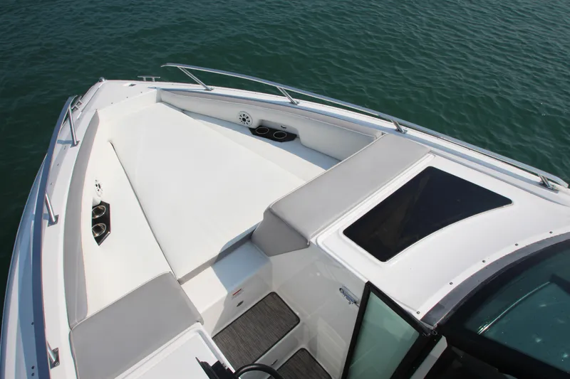  Yacht Photos Pics 2018 Cobalt A36 boat bow with seating, on calm water.