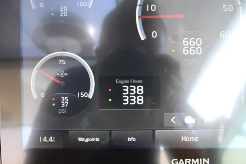  Yacht Photos Pics Dashboard display of a 2018 Cobalt A36 showing engine hours and gauges.
