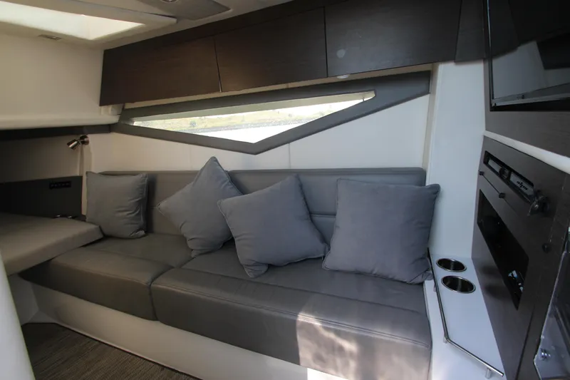  Yacht Photos Pics Interior of 2018 Cobalt A36 boat with gray seating and modern design.
