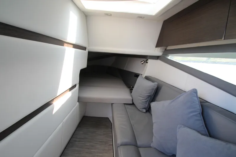  Yacht Photos Pics Interior of 2018 Cobalt A36 yacht with modern seating and bedding.